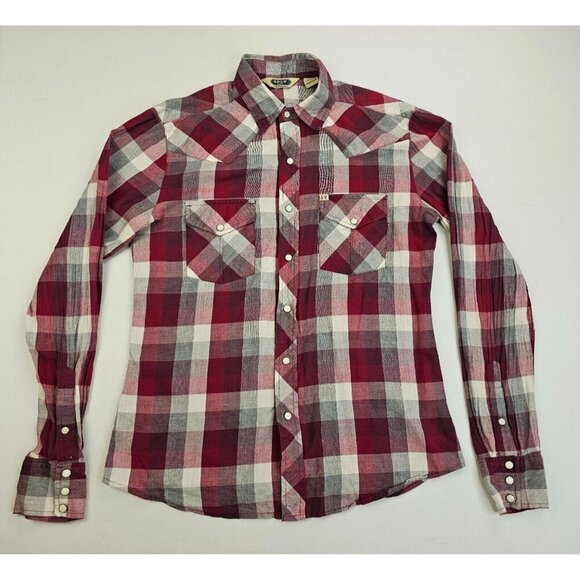 Salt Valley Size Small Mens Marron White Gray Check Pearl Snap Logo Cotton Shirt - Picture 5 of 11